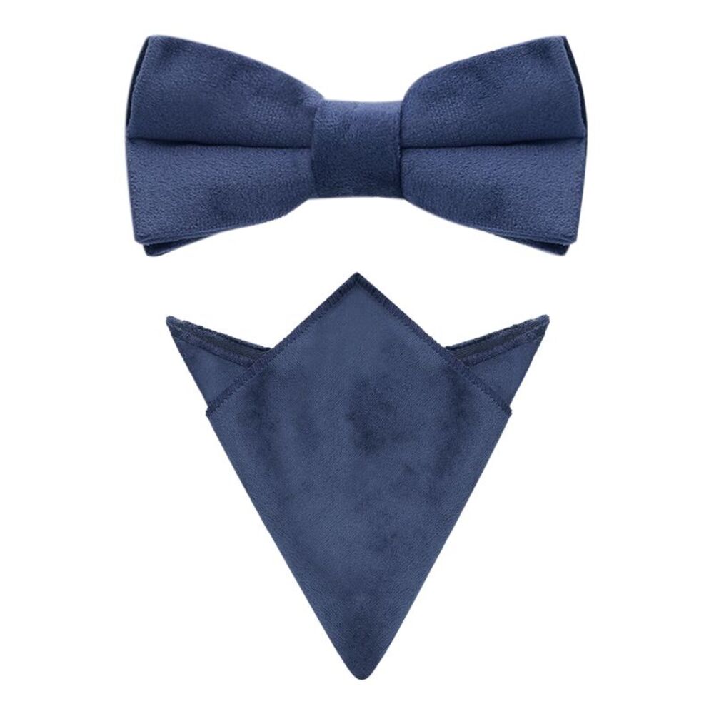 Velvet Adjustable Pre-Tied Bow Tie Solid Color Pocket Square Set Navy Blue
